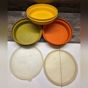 Set of 3 VTG Tupperware Stackable Cereal Bowls #1356 Harvest Colors with 2 Lids